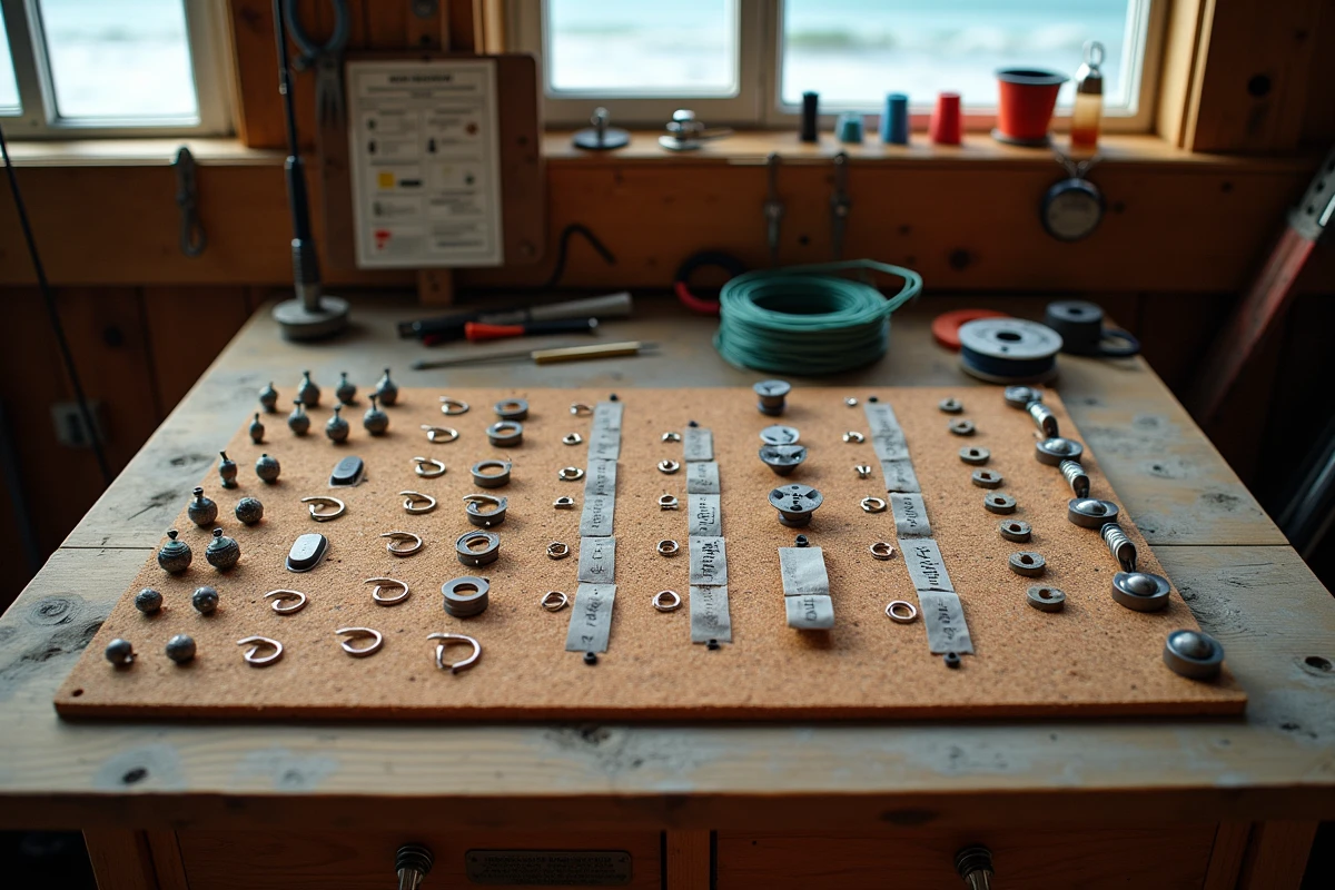 Établi de pêcheur avec assortiment complet d'hameçons, plombs et matériaux de bas de ligne pour le surfcasting comparés