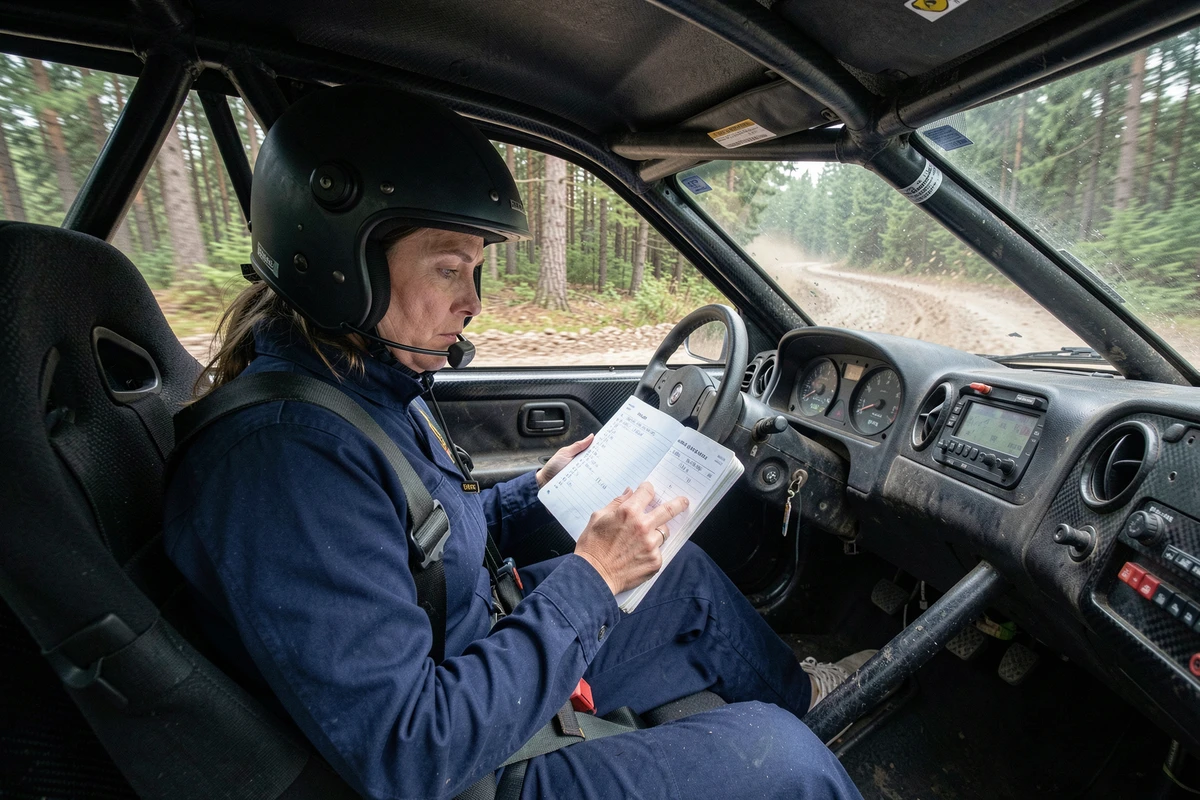 Co-pilote de rallye concentrée sur ses notes de route à l'intérieur d'une voiture de rallye en forêt, casque et combinaison ignifugée