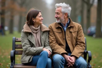 Couple adulte assis sur un banc dans un parc urbain