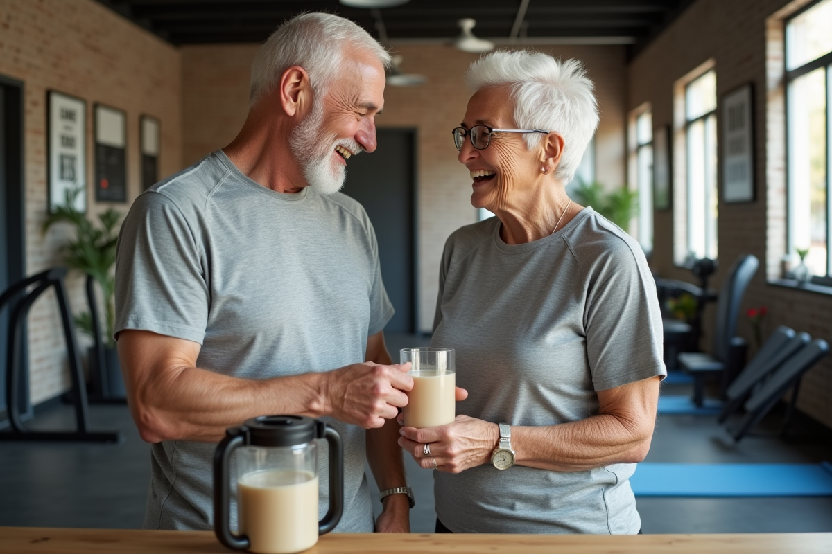 Couple senior partageant un smoothie dans une salle de sport maison