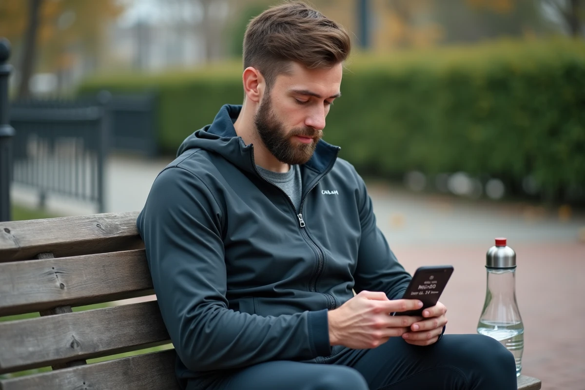 Coureur assis sur un banc consultant une application de course sur smartphone pour convertir km/h en min/km
