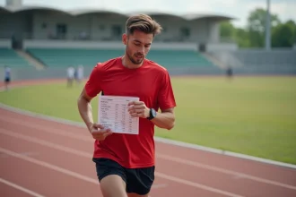 Jeune homme en course vérifiant son temps de course
