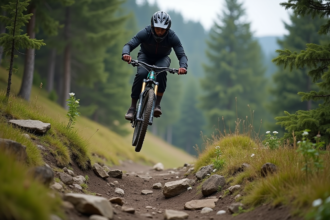 Jeune homme en VTT sautant en montagne dans la nature