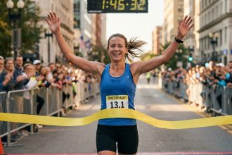 Coureuse franchissant la ligne d'arrivée d'un semi-marathon urbain avec les bras levés et une expression de fierté