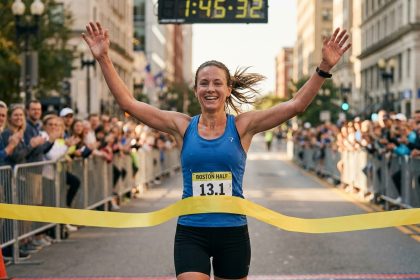 Coureuse franchissant la ligne d'arrivée d'un semi-marathon urbain avec les bras levés et une expression de fierté