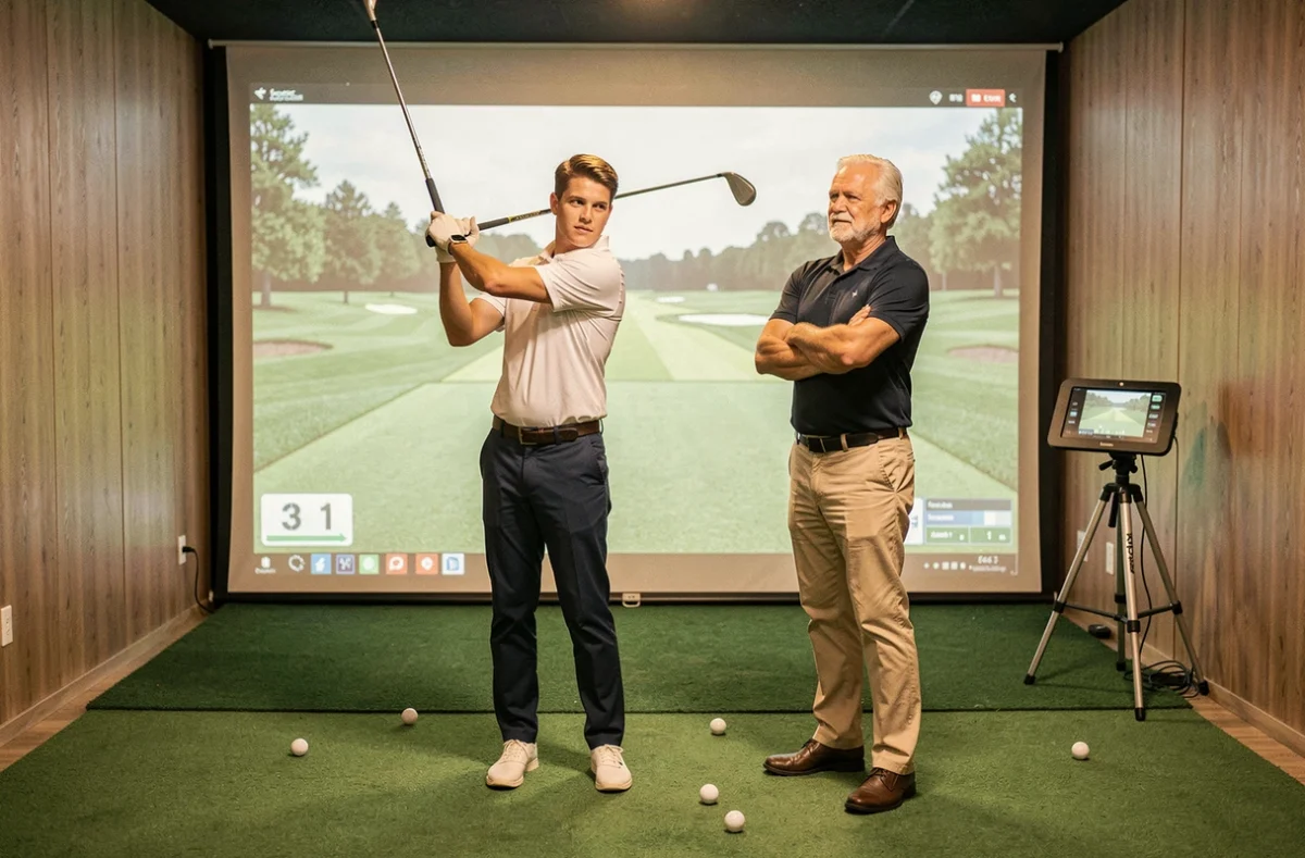 Cours de golf indoor avec wedge, jeune débutant en plein swing face à un simulateur sous la supervision d'un instructeur