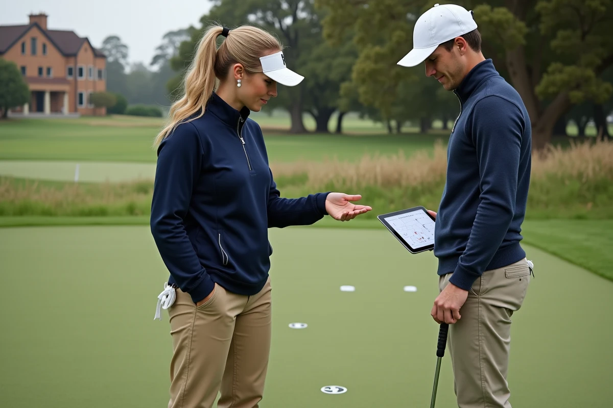 Instructrice de golf guidant un élève sur le putting green lors d'une séance structurée d'apprentissage du putting
