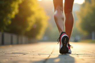 Jambes sportives en mouvement sur un chemin urbain ensoleille