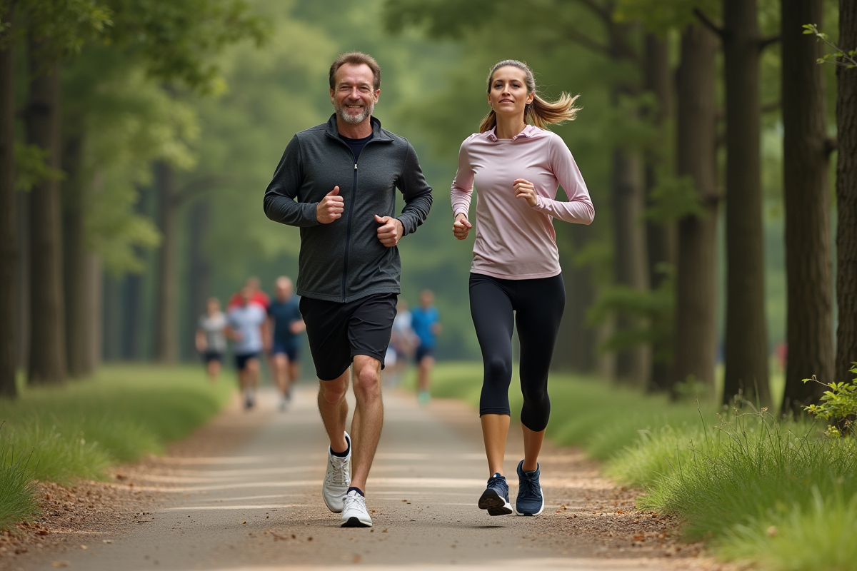 Homme et femme courant dans un parc boisé en pleine nature