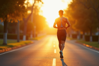 Coureur seul sur route ensoleillee en jogging