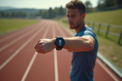 Courseur avec smartwatch affichant la conversion miles en km
