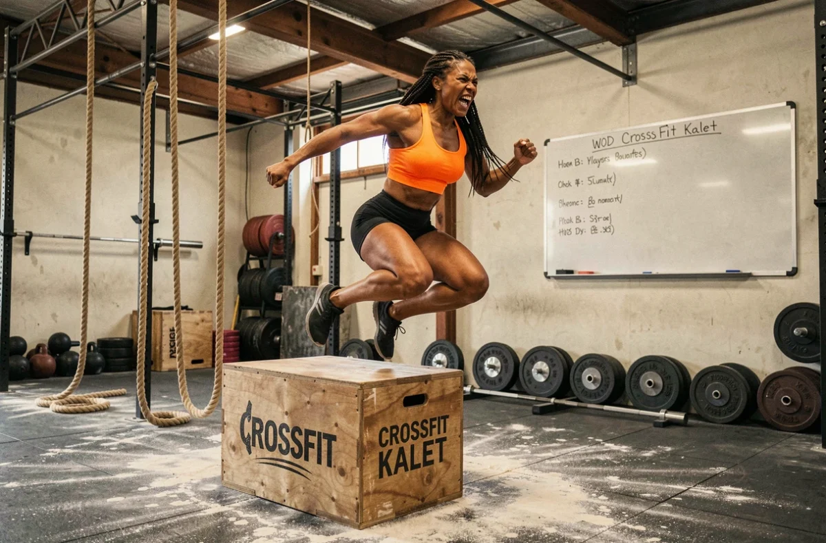 Femme réalisant un saut sur box dans la box CrossFit Kalet, ambiance industrielle et athlétique