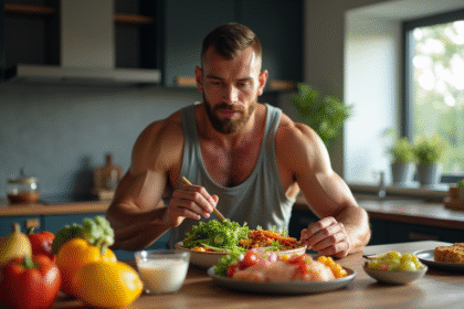 Fighter MMA en cuisine préparant un repas sain coloré