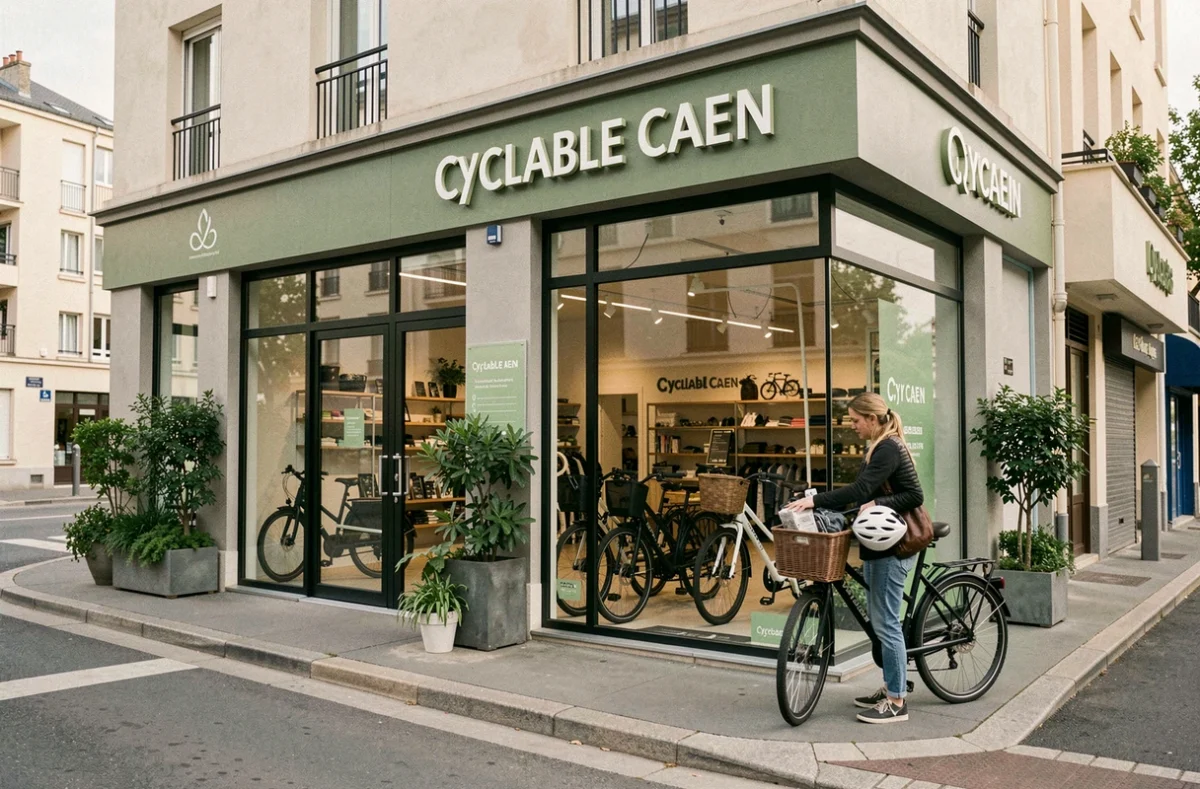 Devanture du magasin Cyclable Caen avec des vélos urbains exposés et une cliente examinant un vélo électrique