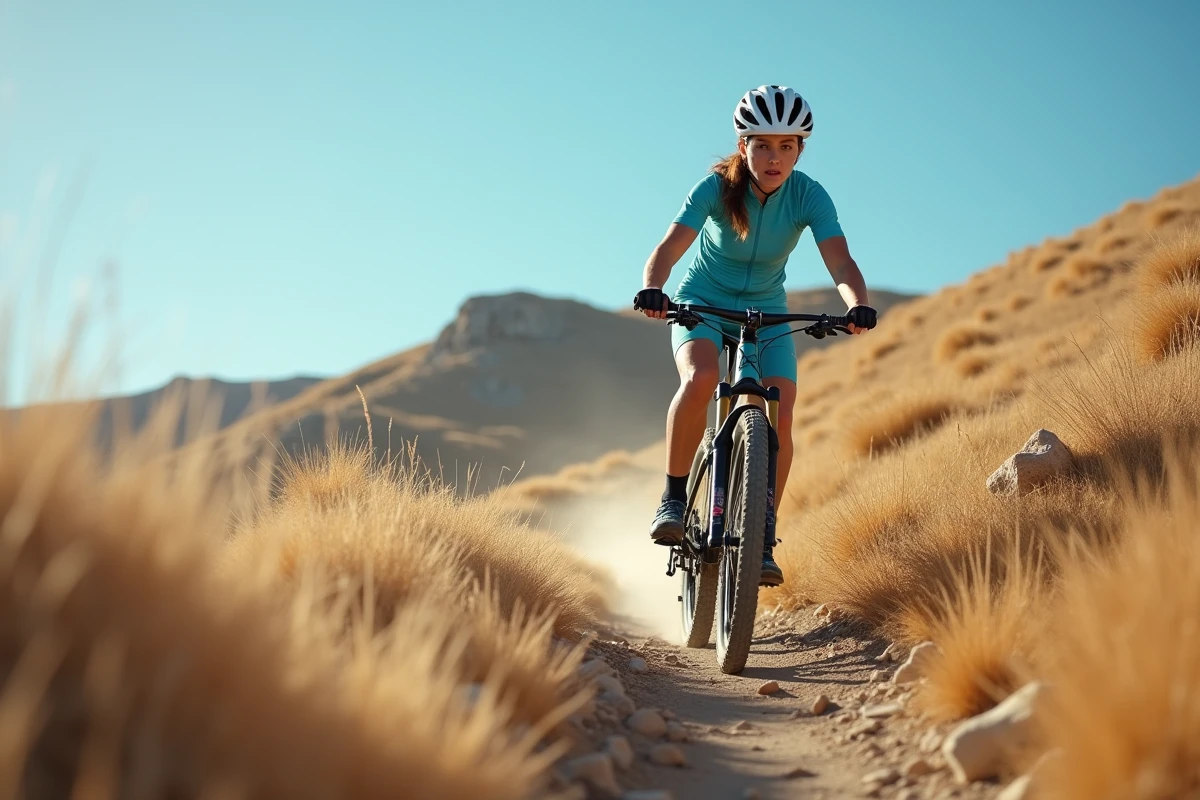 Cycliste femme en pleine sortie marathon sur sentier XC avec fourche Manitou Comp sur vélo hardtail