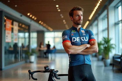 Cycliste professionnel en maillot d'équipe réfléchissant à un transfert dans le couloir d'un team de cyclisme