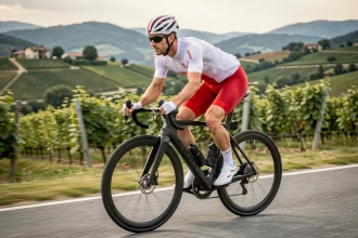 Cycliste professionnel sur un vélo de route en carbone lors d'un test comparatif en pleine campagne européenne