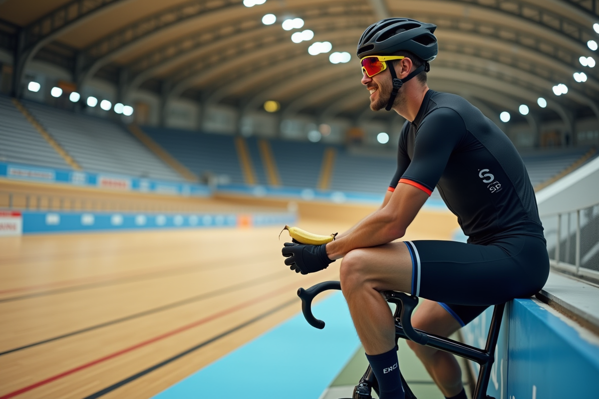 Homme cycliste préparant un encas dans un vélodrome intérieur