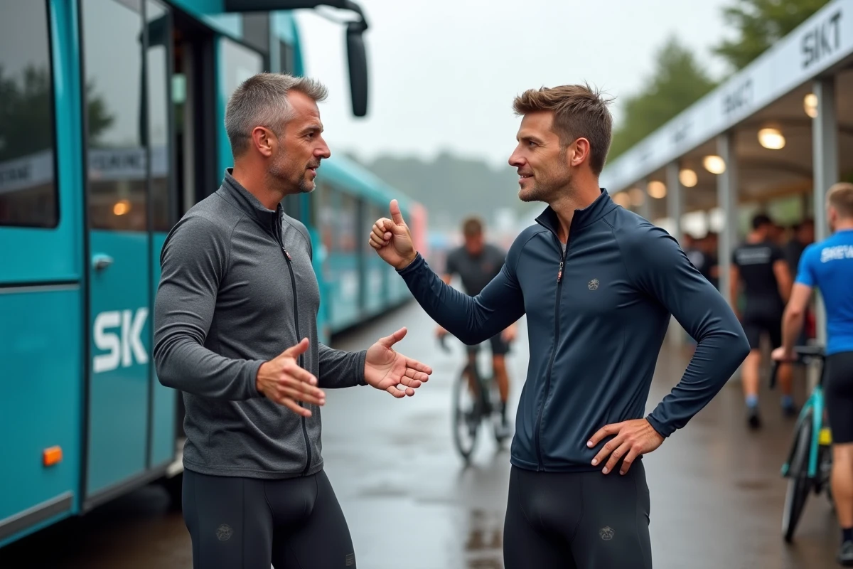 Deux cyclistes professionnels discutant de leur avenir et de possibles transferts dans le paddock d'une course cycliste