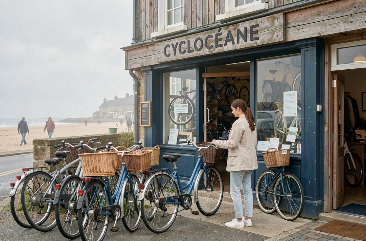 Devanture de la boutique Cyclocéane en bord de mer en Normandie avec des vélos de plage exposés à l'extérieur