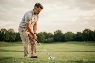 Golfeur débutant pratiquant le wedge sur un practice de golf, posture d'adresse avec un sand wedge sur herbe courte