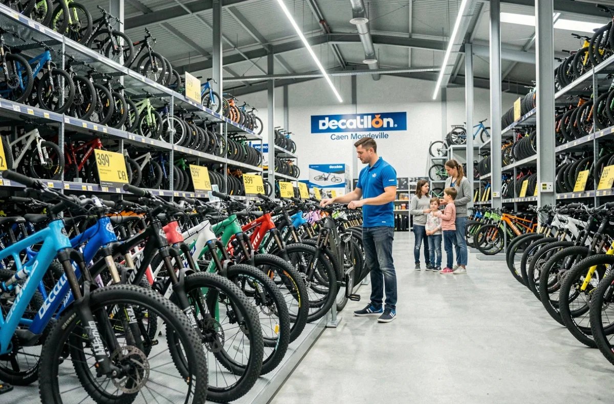 Rayon vélos du Decathlon Caen Mondeville avec des rangées de vélos et un employé en uniforme bleu conseillant un client