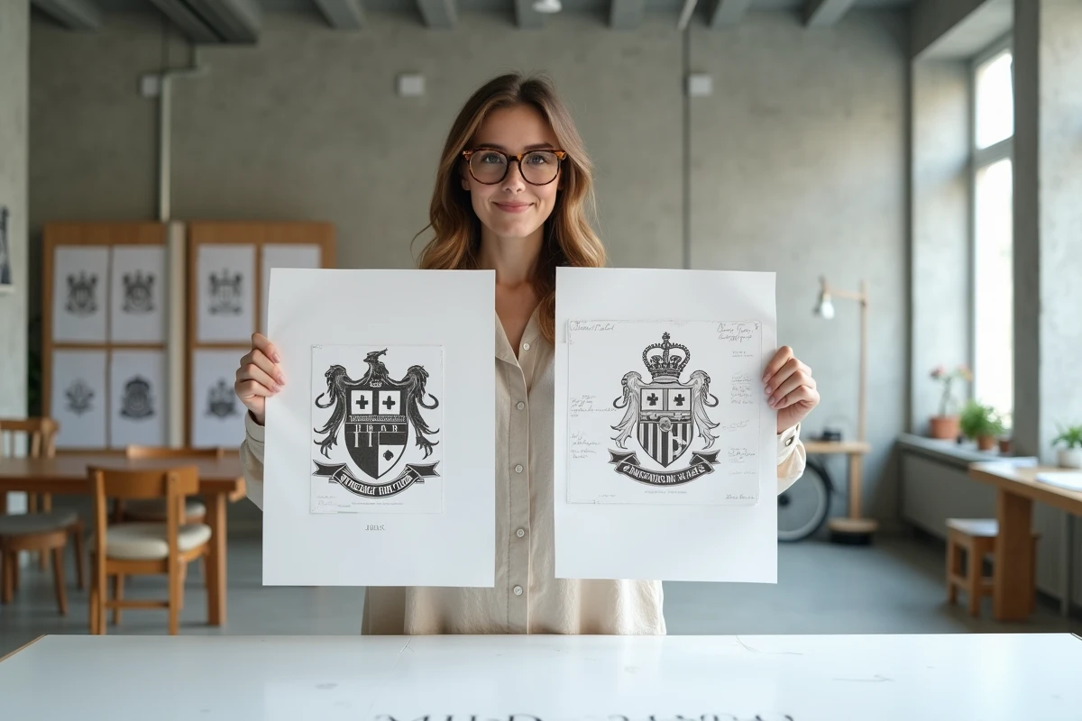 Designeuse comparant un logo de football vintage original à une version modernisée redessinée dans un studio de création contemporain