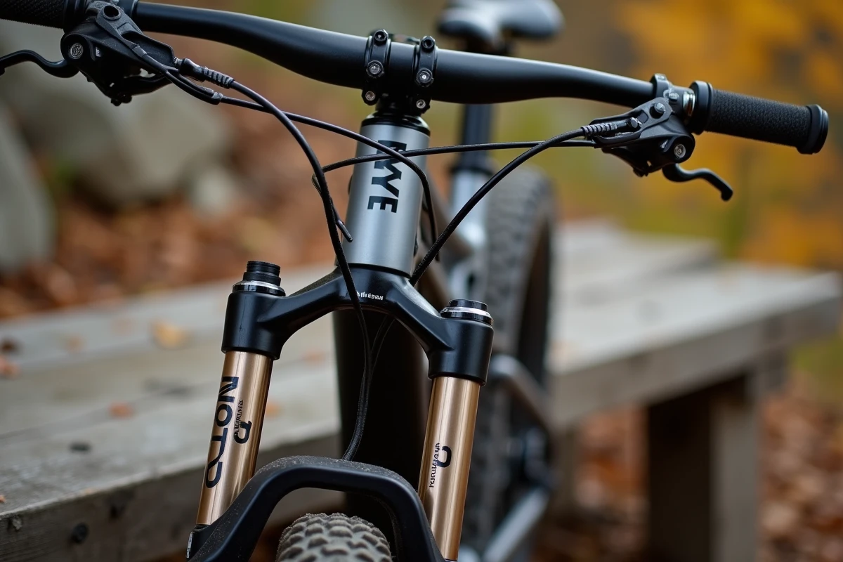Gros plan sur la fourche Manitou Comp avec molettes de réglage amortissement et détente visibles sur un VTT hardtail