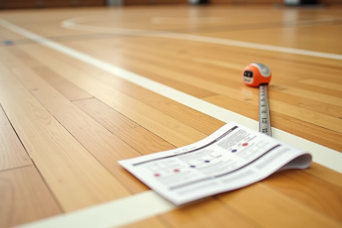 Gros plan sur l'intersection des lignes de zone et de touche d'un terrain de handball avec plan technique et mètre ruban posés sur le parquet