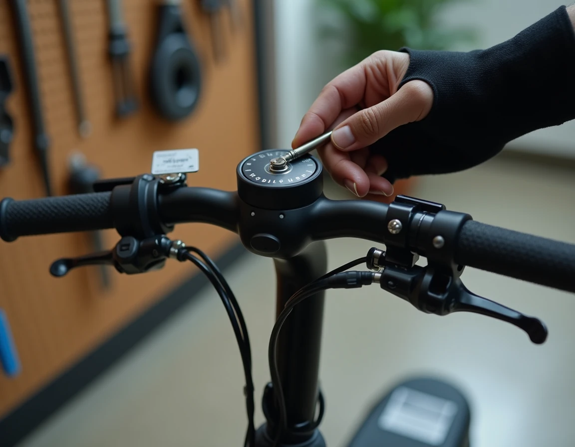 Gros plan sur le réglage du guidon et du limiteur de vitesse d'une trottinette Urban Glide 140