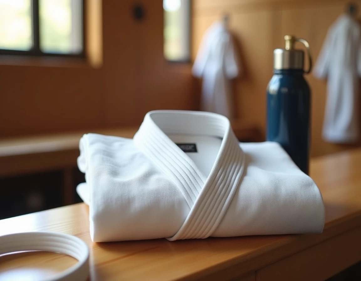 Gros plan sur un kimono de jiu-jitsu d'été plié en tissu léger pearl weave, avec détails de coutures renforcées sur un banc en bois
