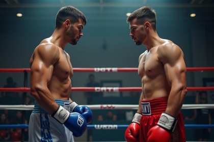 Deux boxeurs face à face dans le ring avant un combat