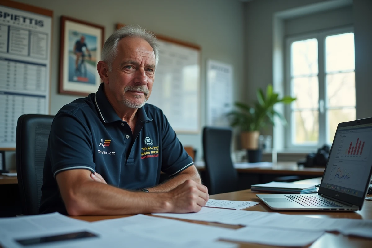 Directeur sportif analysant des dossiers de transferts cyclistes dans son bureau pendant la période des mutations 2026