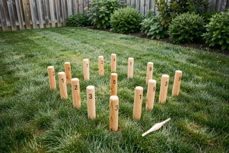 Disposition officielle des quilles de Mölkky en formation diamant sur une pelouse verte, vue en plongée légère pour illustrer l'installation complète du terrain