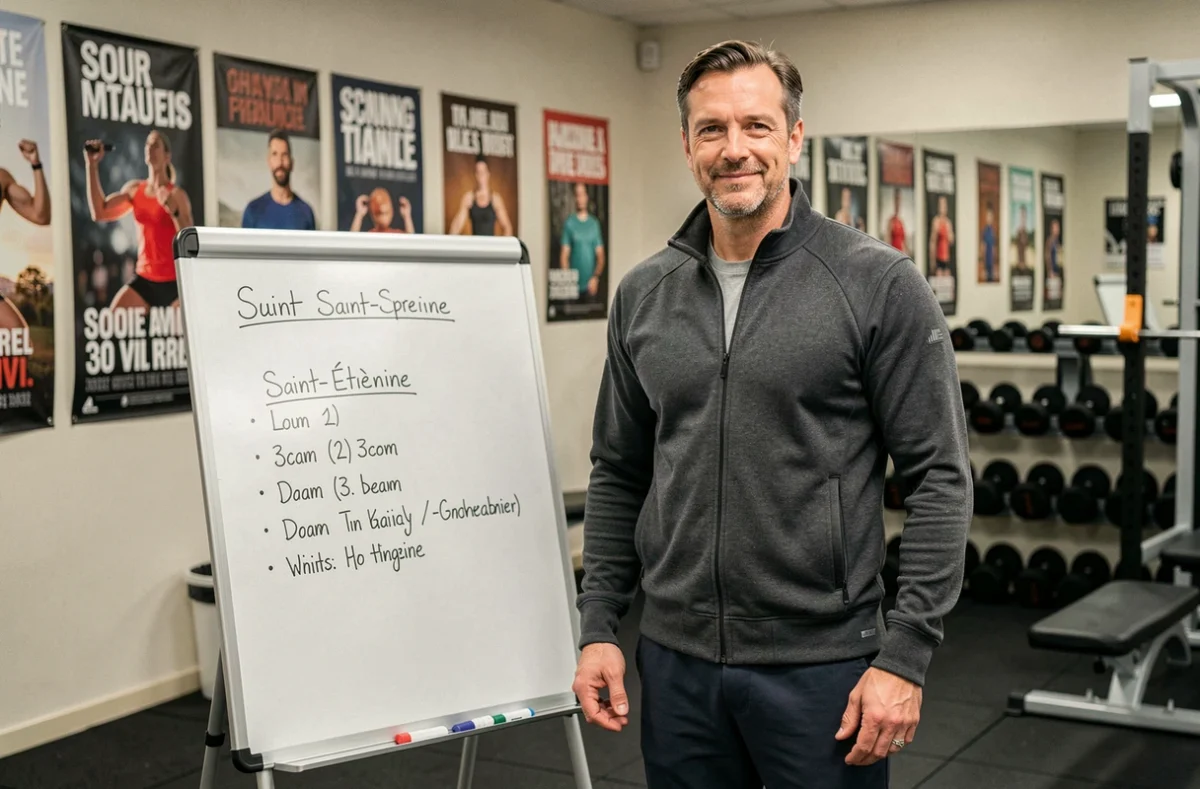 Dominique Warin, coach sportif Coach42, devant un tableau de programme d'entraînement à Saint-Étienne