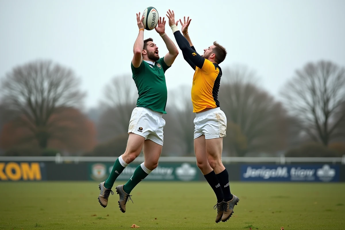Duel en touche lors d'un match de rugby Fédérale, deux joueurs en compétition pour le ballon