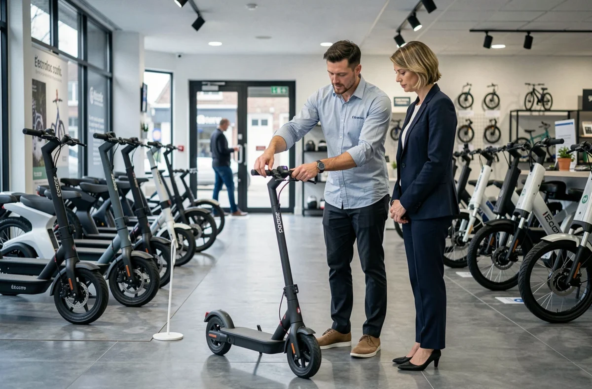 Showroom d'Électro Scoot avec des trottinettes et vélos électriques exposés et un vendeur démontrant un modèle pliant