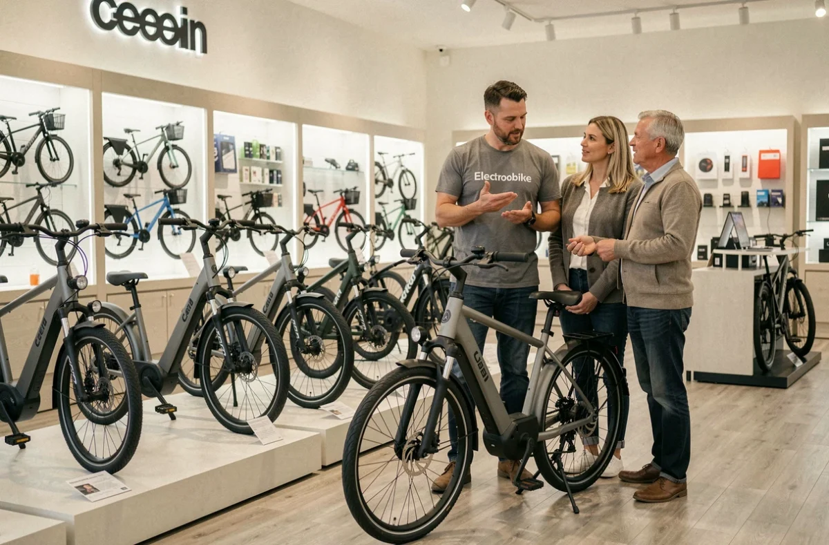 Intérieur d'Electrobike Caen avec des vélos électriques exposés et un vendeur conseillant un couple sur les batteries