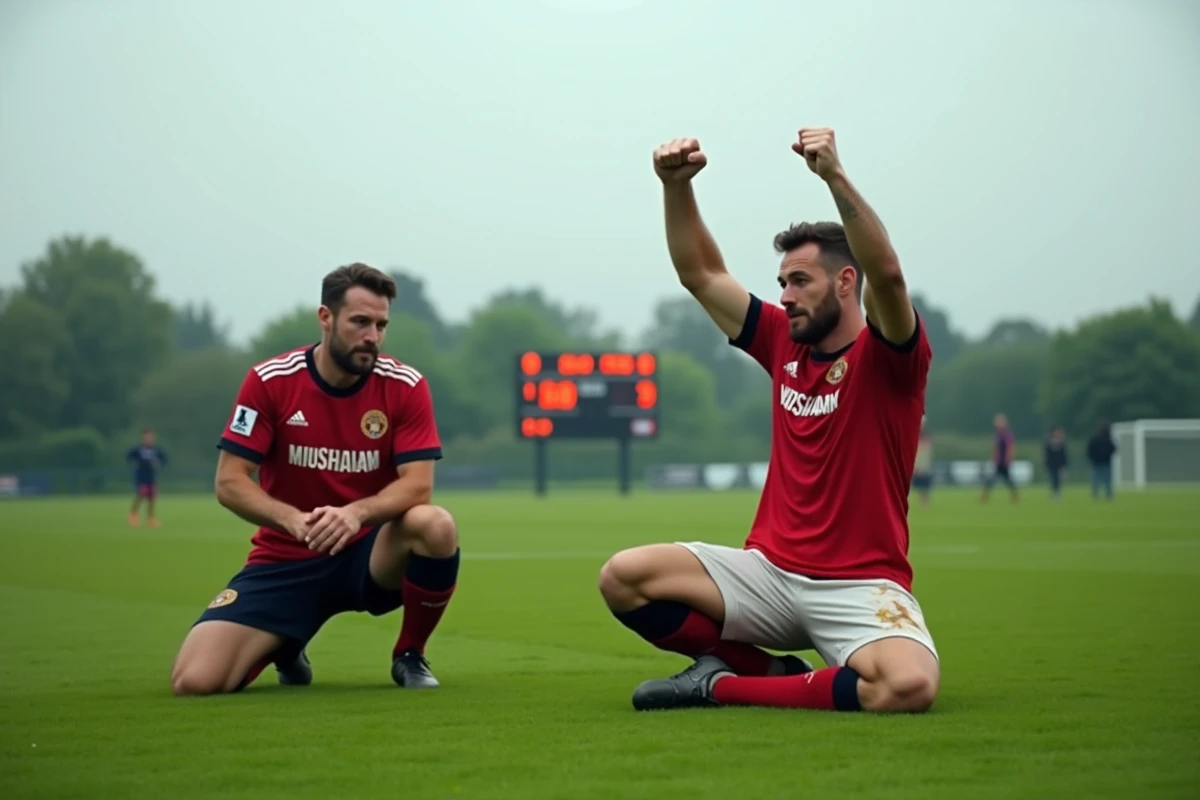 Contraste d'émotions entre un joueur de district célébrant la montée et un autre dépité par la relégation après un match décisif