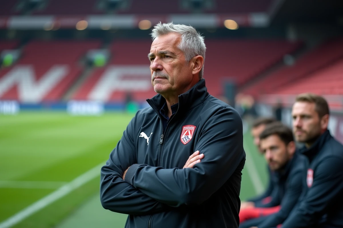 Entraîneur du RC Strasbourg concentré sur le bord du terrain pendant un match décisif pour le maintien en 2026