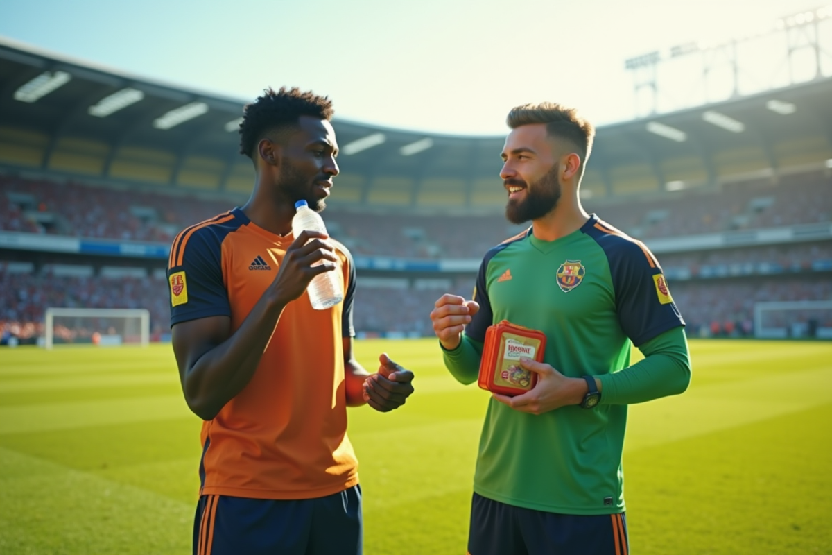 Deux footballeurs en entraînement avec snack keto sur le terrain