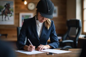 Jumentière concentrée remplissant des formulaires lors d'un événement équestre