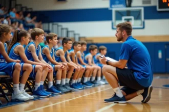 Jeunes basketteurs en temps-mort lors d'un match