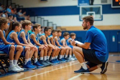 Jeunes basketteurs en temps-mort lors d'un match