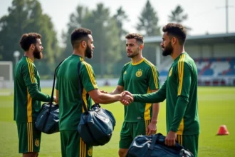 Groupe de joueurs de football FC Nantes en entraînement sur le terrain
