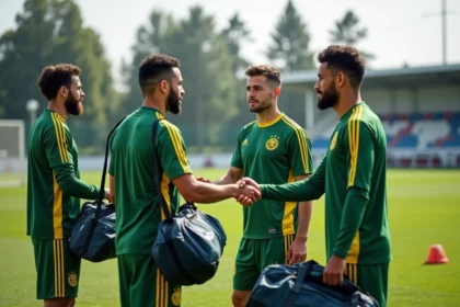 Groupe de joueurs de football FC Nantes en entraînement sur le terrain