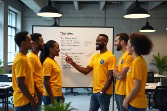 Groupe de collègues en t-shirts d'équipe jaunes autour d'un tableau blanc avec des idées de noms pour un challenge sportif au travail