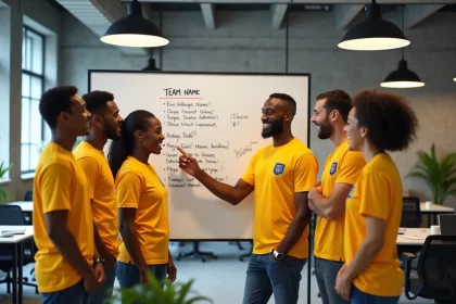 Groupe de collègues en t-shirts d'équipe jaunes autour d'un tableau blanc avec des idées de noms pour un challenge sportif au travail