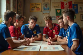 Groupe de joueurs de football amateurs autour d'une table ancienne