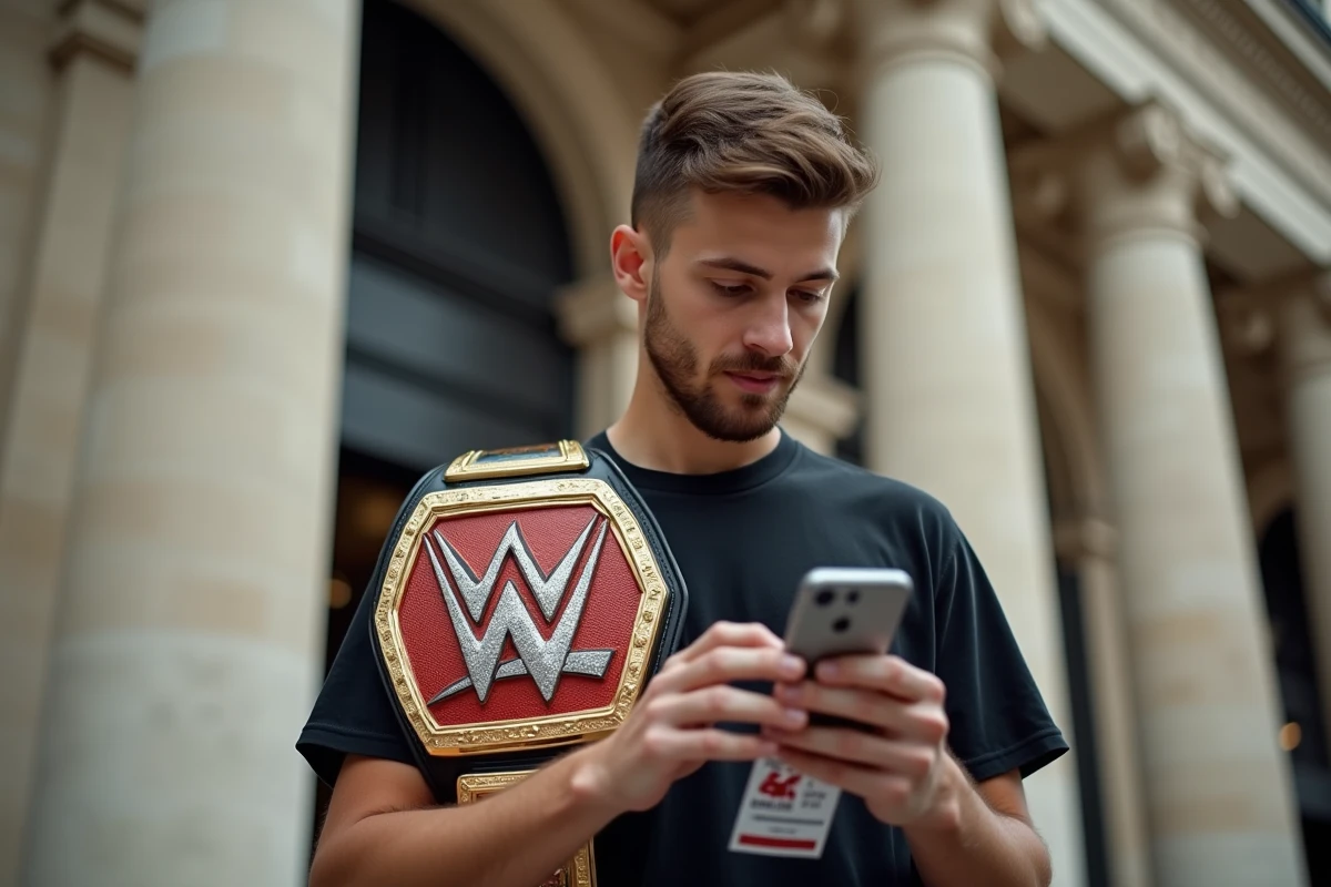 Fan de WWE tenant ses billets devant une salle parisienne portant une ceinture de championnat réplique avant le spectacle